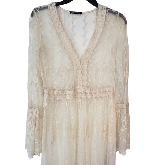 Zara Cream Sheer Lace Bell Long Sleeve V-Neck Maxi Dress - Picture 2 of 5